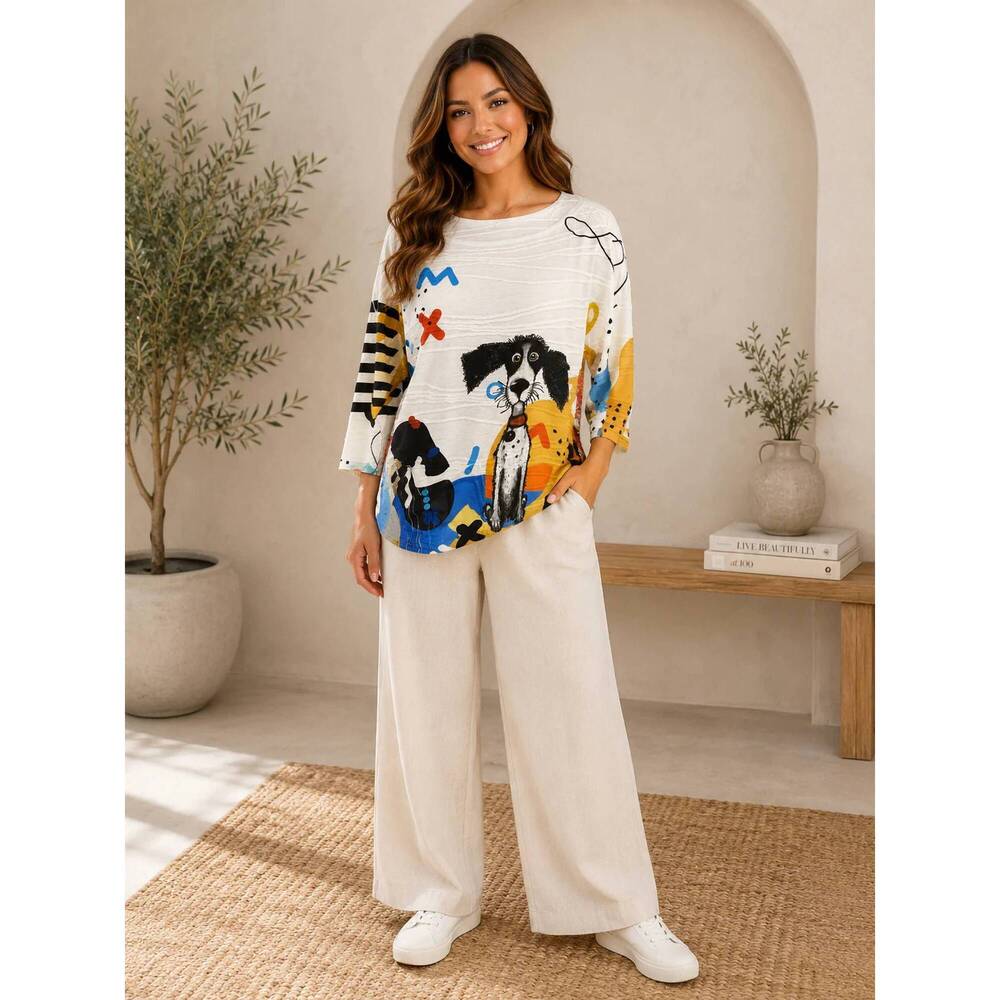 NEW INOAH playful pup graphic pullover tunic in white